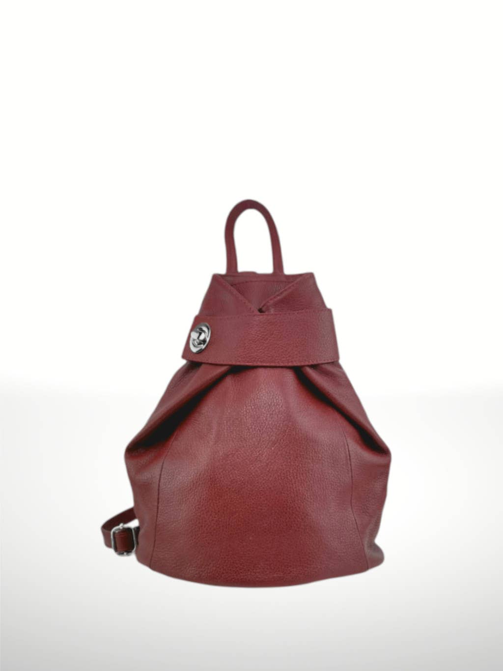 Mochila de cuero color burdeos con diseño elegante y cierre giratorio metálico. Modelo versátil y sofisticado para complementar cualquier outfit con estilo.