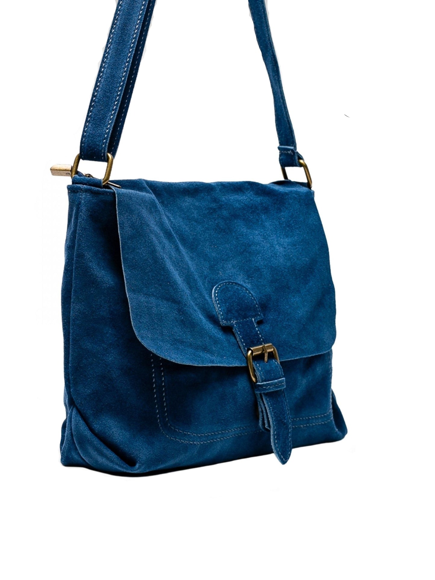 Bolso de piel ante azul para mujer, elegante con correa ajustable y cierre seguro. Cuero genuino. Compra bolsos de piel online.