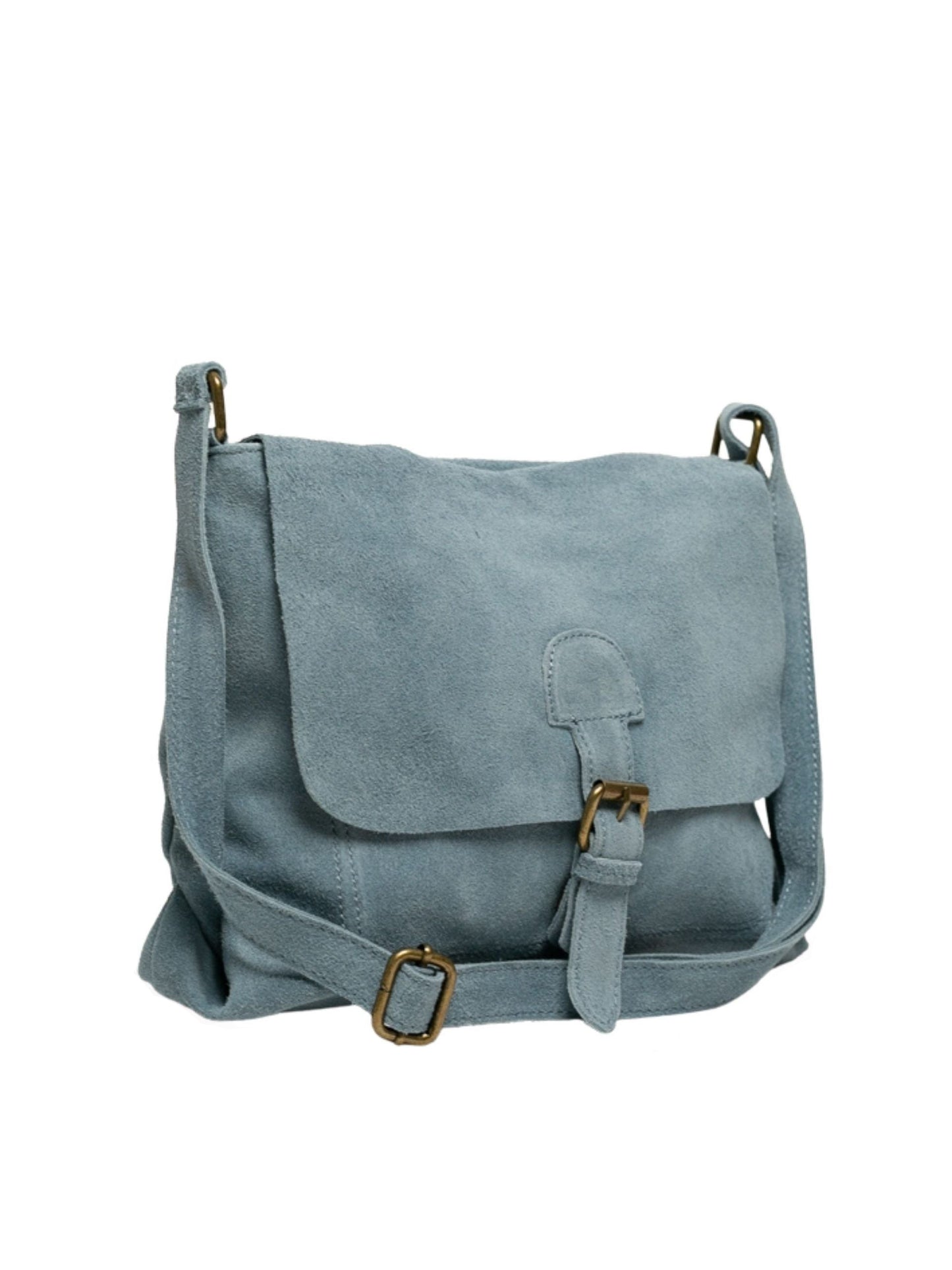 Bolso bandolera de piel ante gris para mujer, elegante con correa ajustable y cierre seguro. Cuero genuino