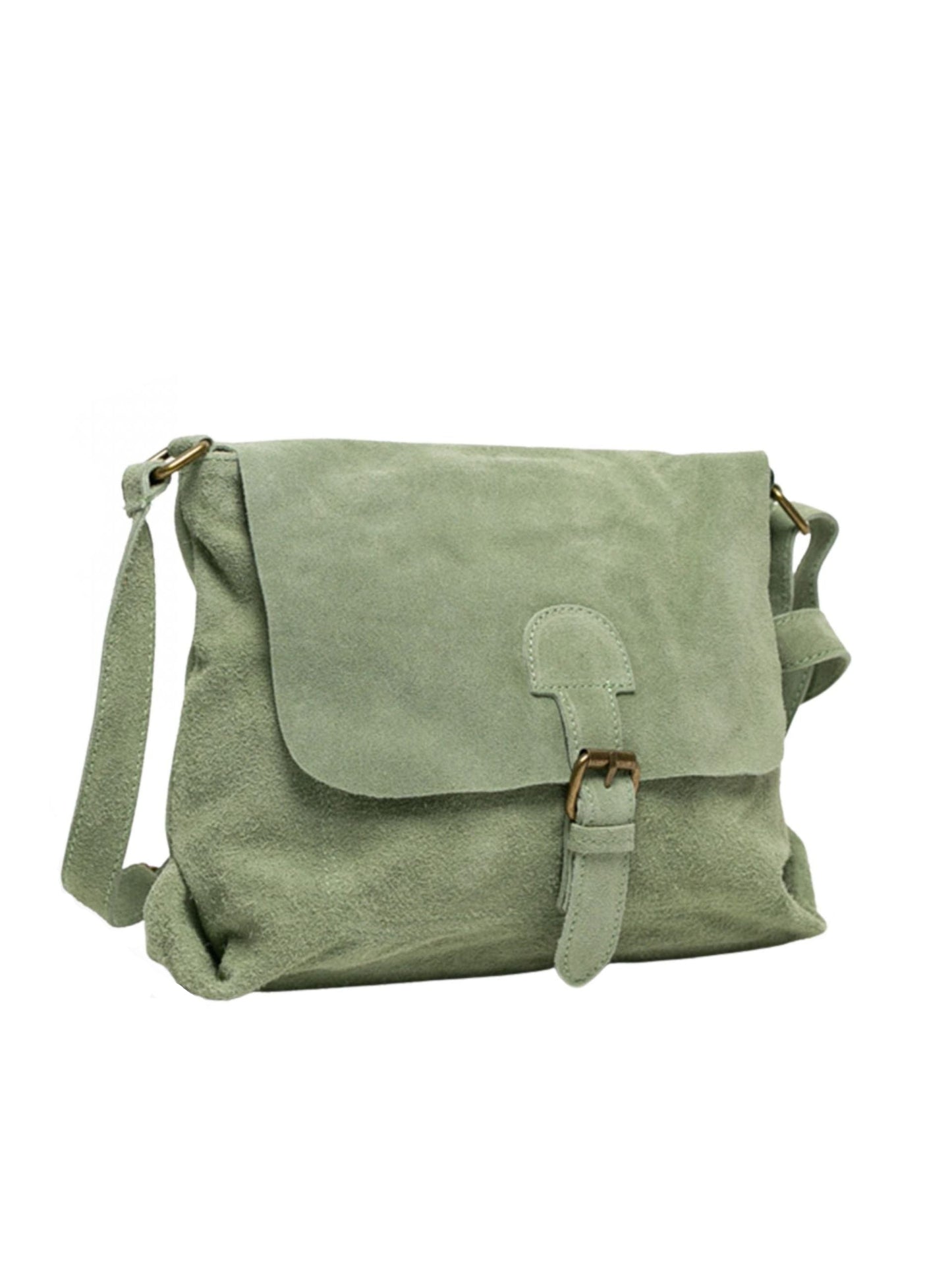 Bolso de piel ante verde para mujer, elegante con correa ajustable y cierre seguro. Cuero genuino. Comprar bolsos de piel online
