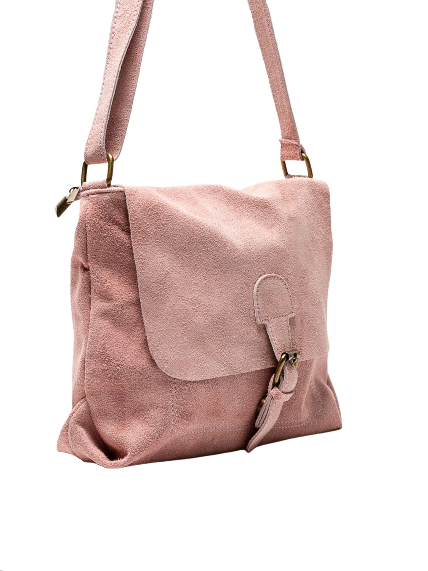 Bolso bandolera de piel ante rosa para mujer, correa ajustable y cierre correa. Compra bolsos de piel baratos online.