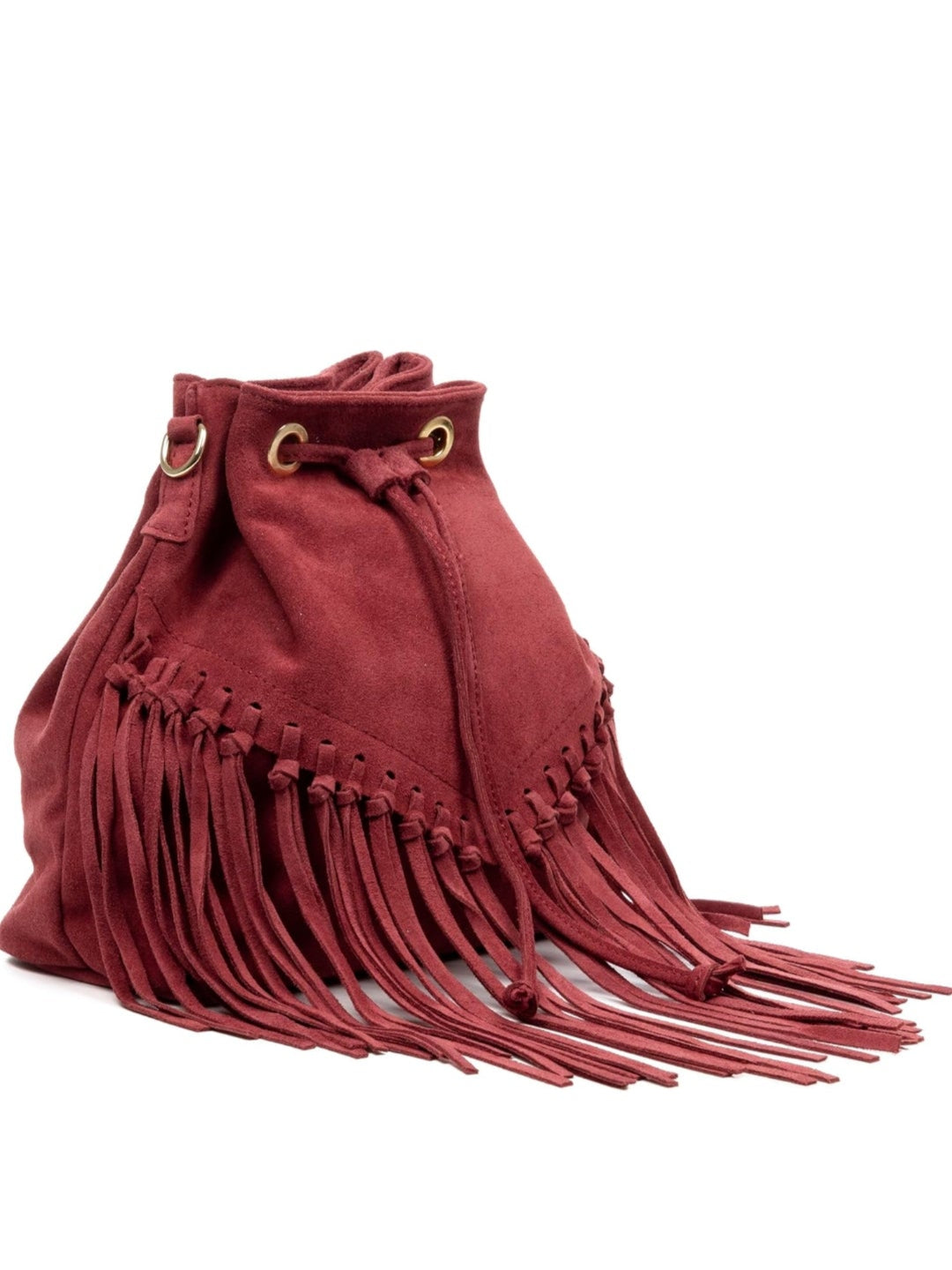 Bolso de piel tipo cubo con flecos, roja bandolera shopper para mujer. Diseño boho chic, ideal con botas o faldas.