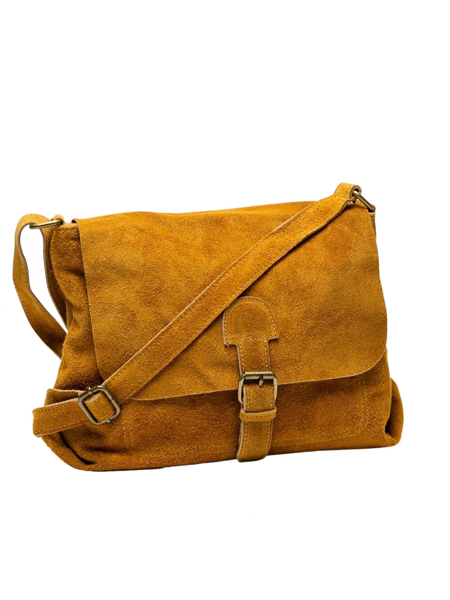 Bolso de piel ante amarillo para mujer, elegante con correa ajustable y cierre. Cuero genuino. Compra bolsos de piel online.