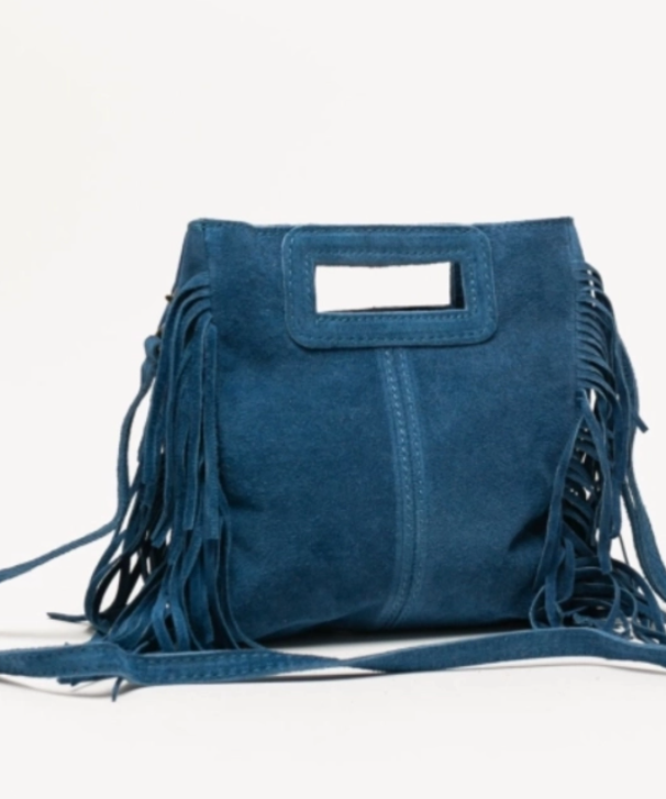 bolso bandolera ante azul con flecos. para llevar de mano o en hombro