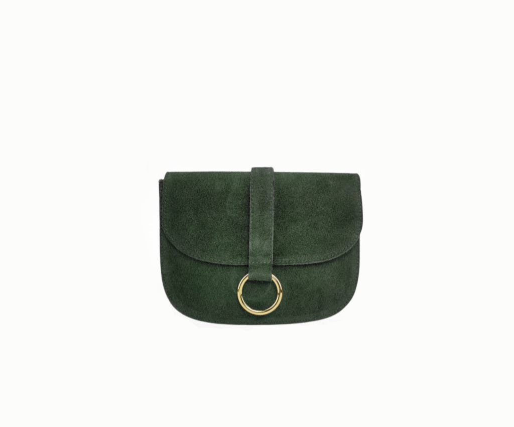 Bolso de piel ante verde con anillo dorado y correa ajustable. Comprar bolsos de piel online