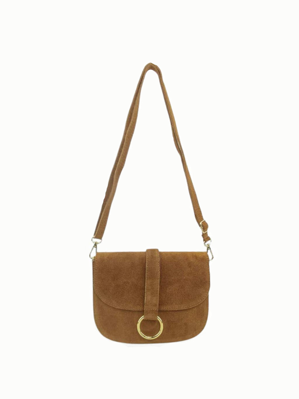 Bolso de piel ante marrón para mujer, cierre con anillo dorado y correa ajustable. Compra bolsos de piel online.