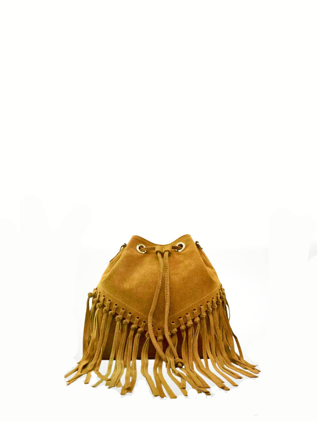 Bolso de piel tipo cubo con flecos, bandolera shopper para mujer. Diseño boho chic amarillo ideal con botas o vestidos.