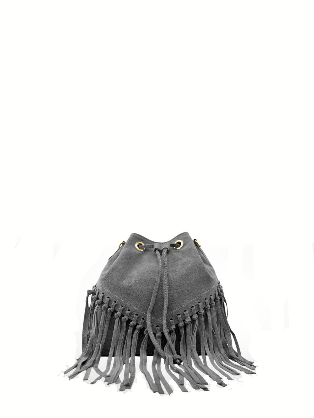 Bolso de piel tipo cubo con flecos gris, bandolera para mujer. Diseño boho chic, ideal con botas o vestidos. ¡Compra online ahora!