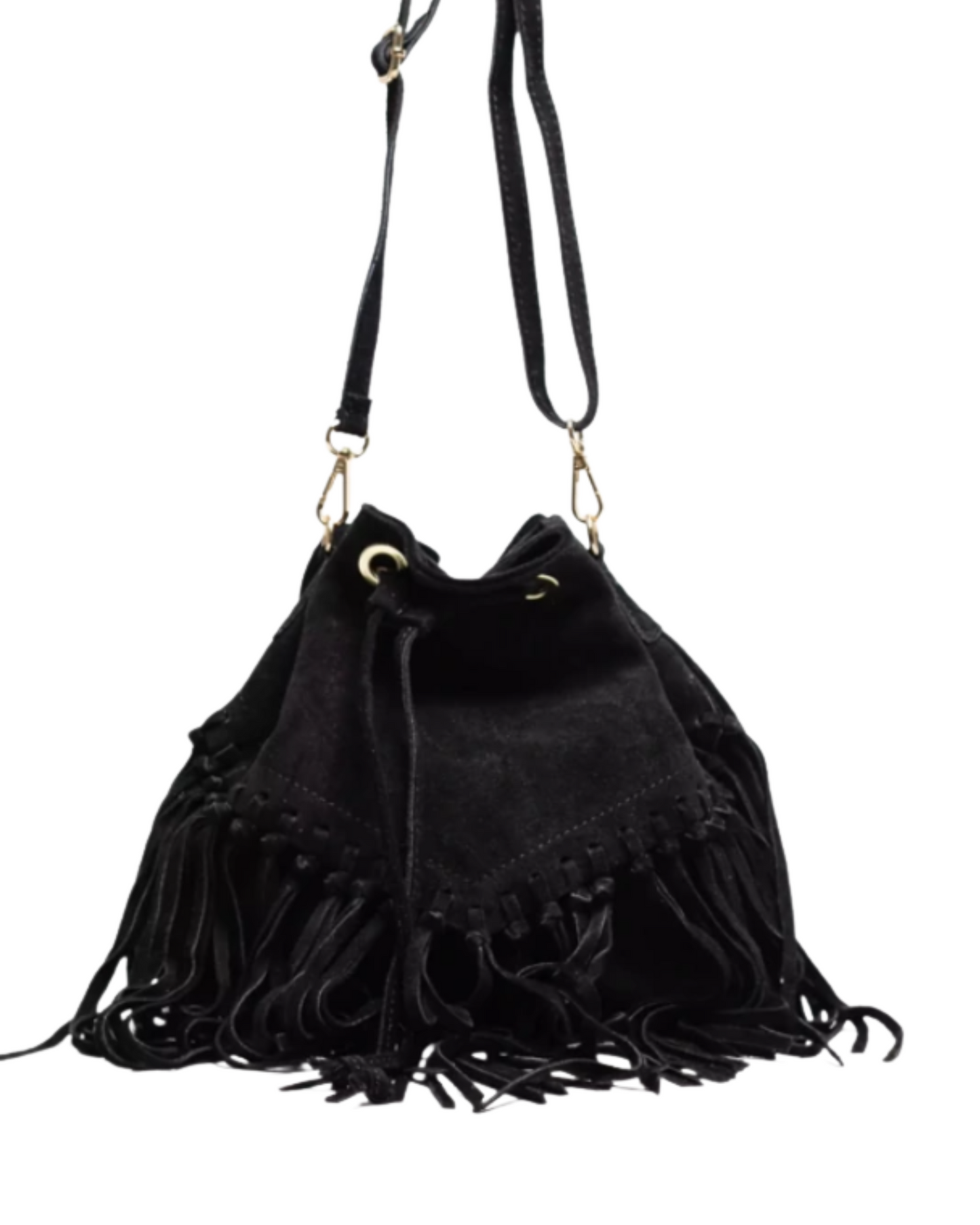 Bolso de ante negro tipo cubo con flecos, estilo bandolera. Diseño boho y versátil, perfecto para mujer. ¡Compra online ahora!