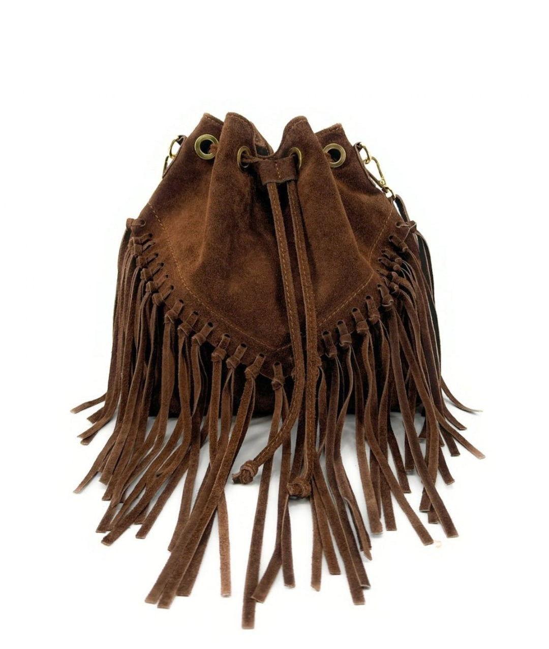 Bolso de ante tipo cubo con flecos, estilo bandolera o shopper. Diseño boho y versátil, perfecto para mujer. ¡Compra online ahora!