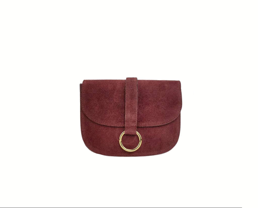 Bolso de piel ante rojo para mujer, bandolera con anillo dorado y correa ajustable. Comprar bolsos cuero online