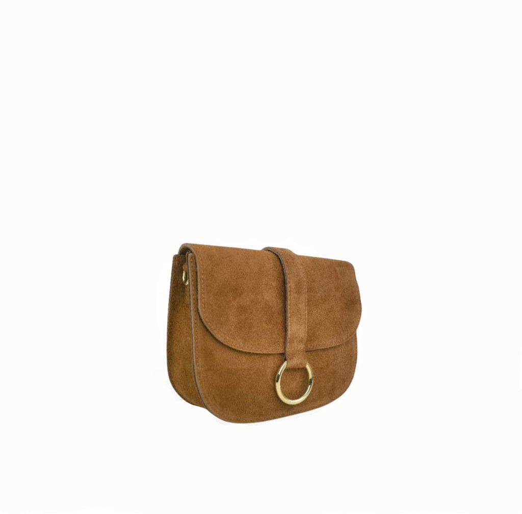 Bolso de piel ante marrón para mujer elegante, cierre con anillo dorado y correa ajustable. Compra bolsos de piel online.