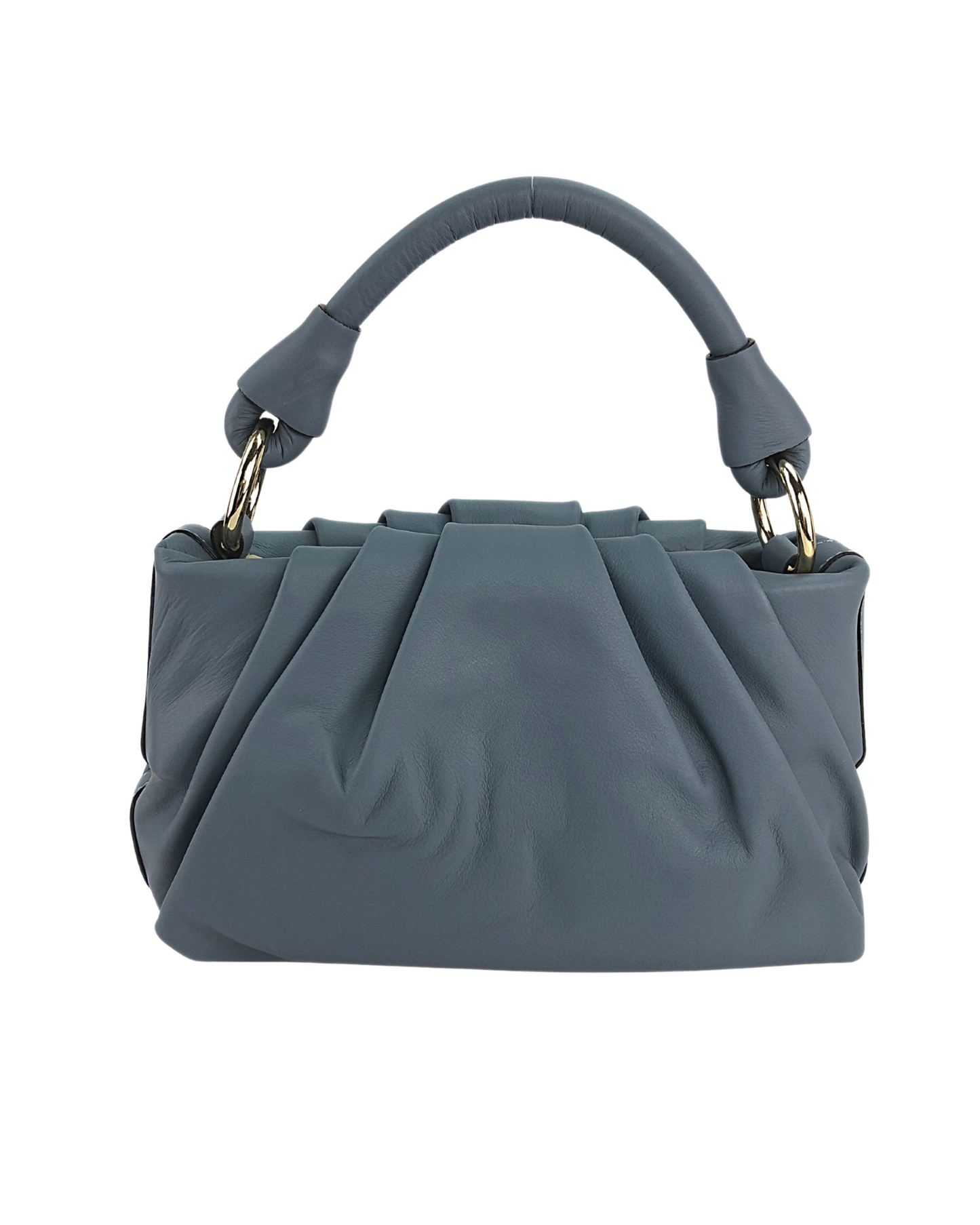 tote bag de piel azul, con correa extraible. diseño plisado y moderno