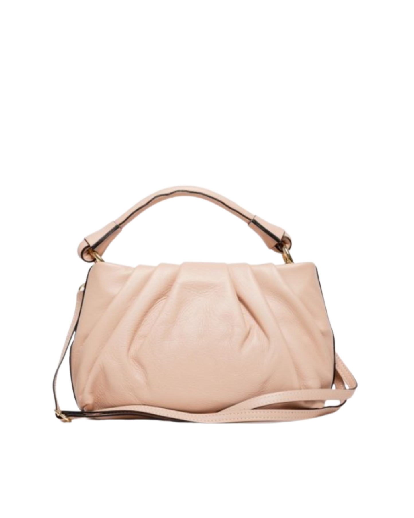 tote bag de piel rosa bebe. diseño plisado y herrajes color oro