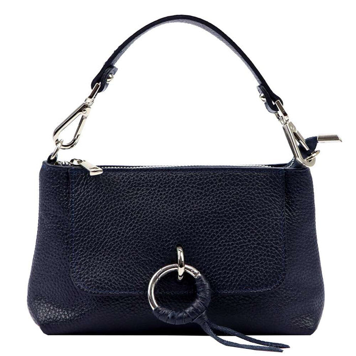 Bolso de piel azul marino con asa corta y cierre de aro metálico. compra online bolso de cuero de calidad