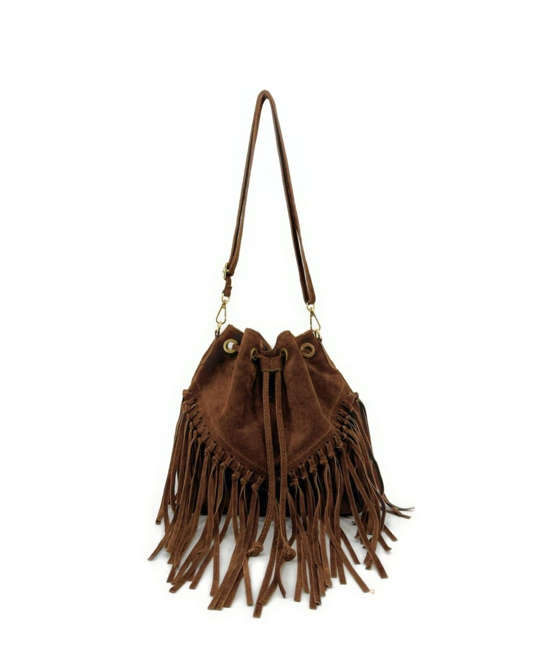 Bolso de piel tipo cubo con flecos, bandolera shopper para mujer. Diseño boho chic, ideal con botas o vestidos. ¡Compra online ahora!