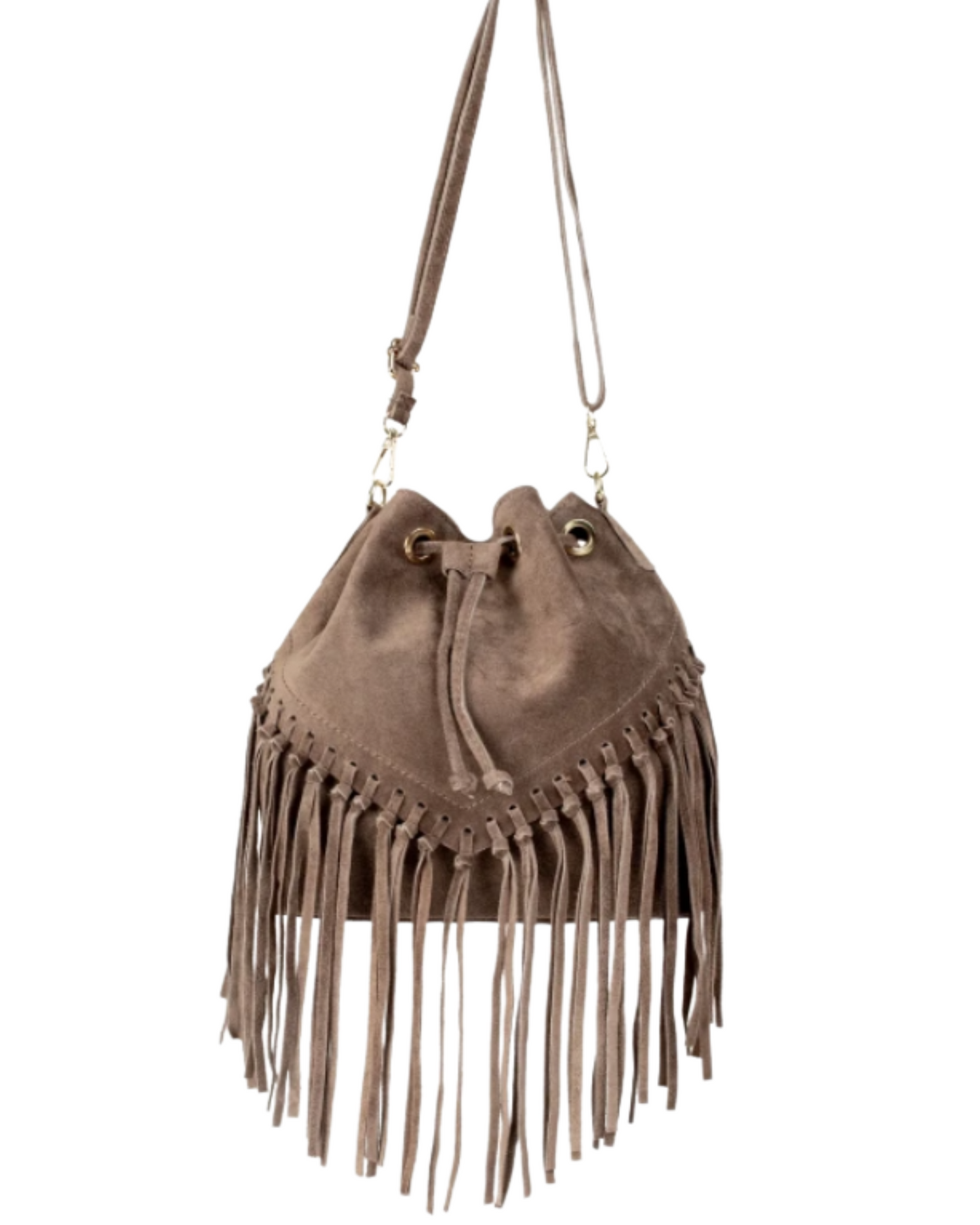 Bolso de ante beige tipo cubo con flecos, estilo bandolera. Diseño boho y versátil, perfecto para mujer. Compra online ahora