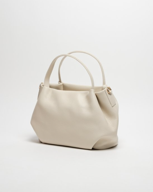 Bolso de piel vacuno blanco con asas fijas y cremallera y textil interior. Compra en nuestra tienda online.