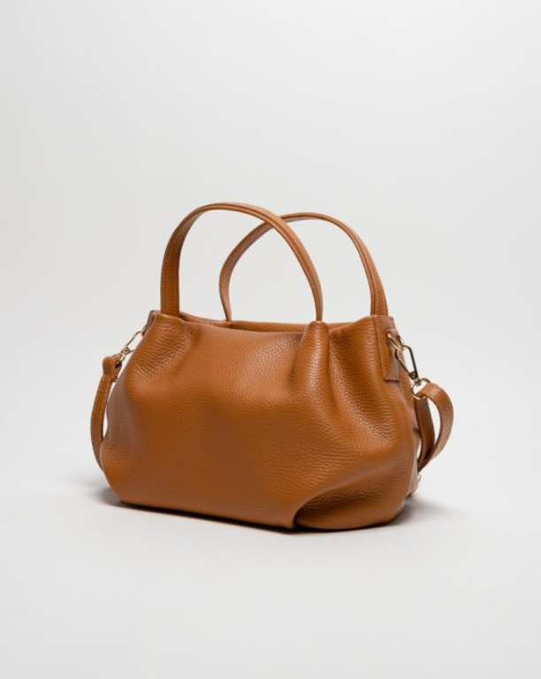 bolso piel vacuno marron, asa fija y correa extraible. herraje dorado