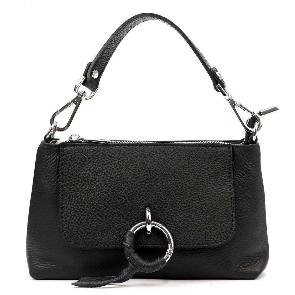 Bolso de mano de piel negro. asas cortas y cierre circular. bolsos de cuero autentico baratos