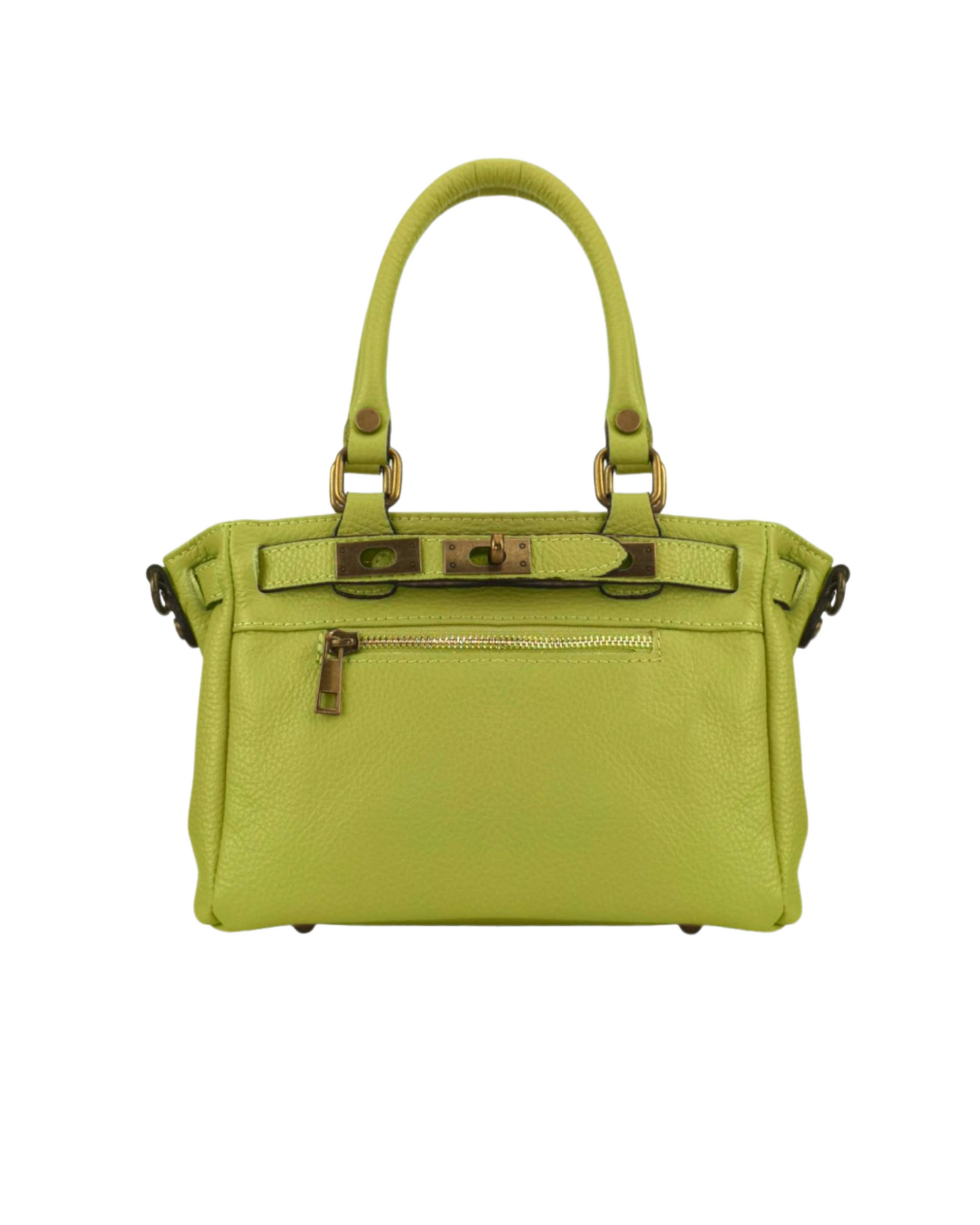 Bolso de piel verde lima, detalles metálicos dorados y cierre de hebilla. Ideal como bolso de mano o bandolera ajustable para looks casuales y elegantes.