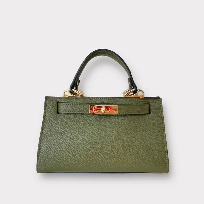 trasero bolso tote de piel verde, con correa extraible de cuero autentico. estilo new clasico. herrajes dorados