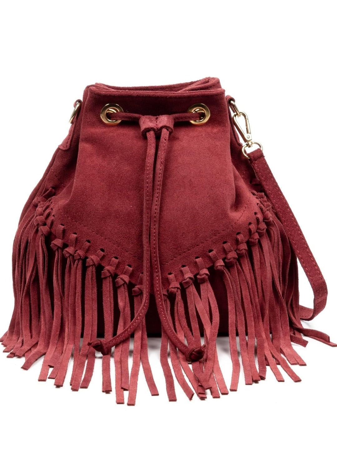 Bolso de piel tipo cubo con flecos, rojo bandolera para mujer. Diseño boho chic, ideal con botas o vaqueros.Compra online