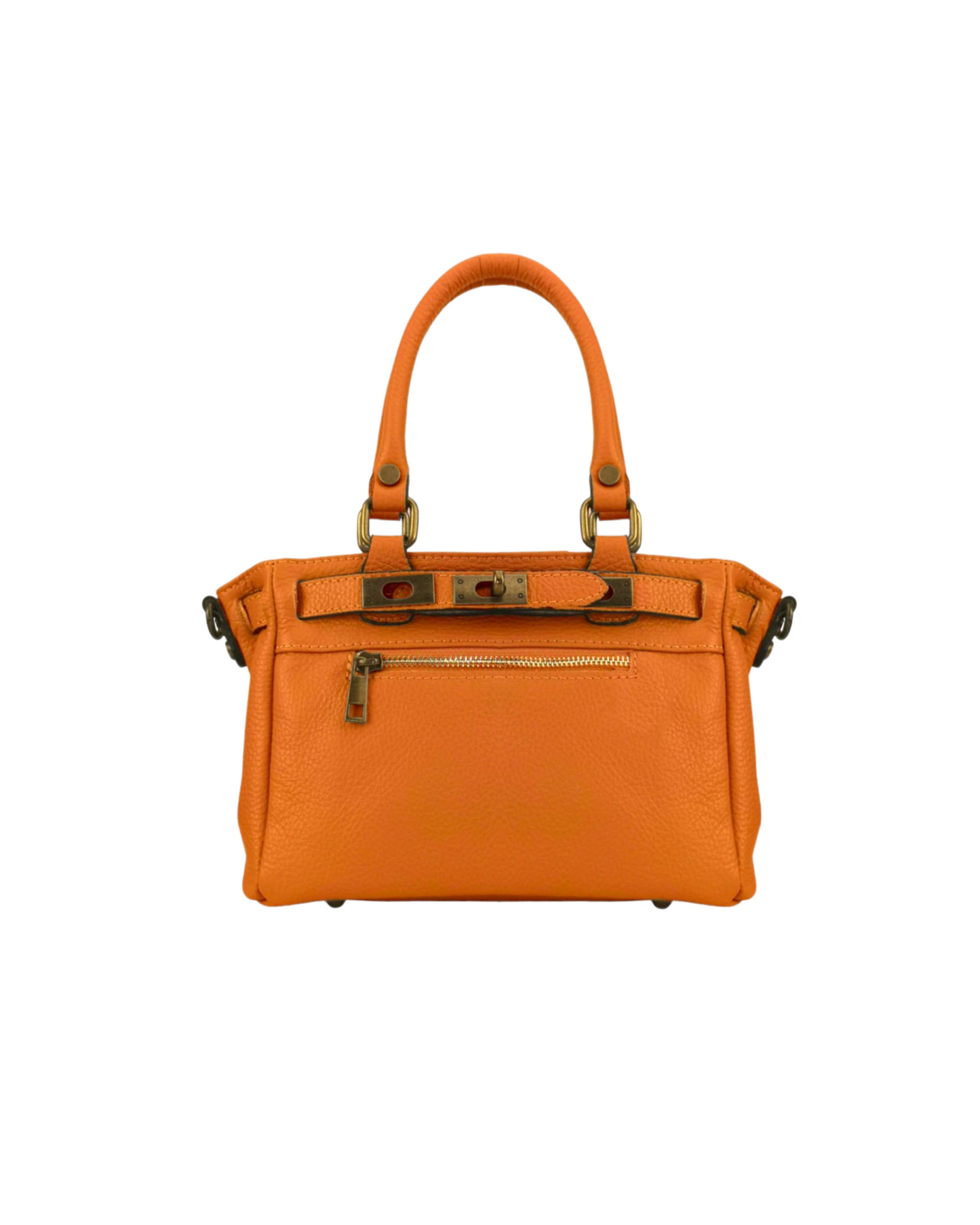 Bolso de piel naranja con herrajes dorados, cierre tipo hebilla y bolsillo con cremallera. Versátil como bolso de mano o bandolera ajustable.