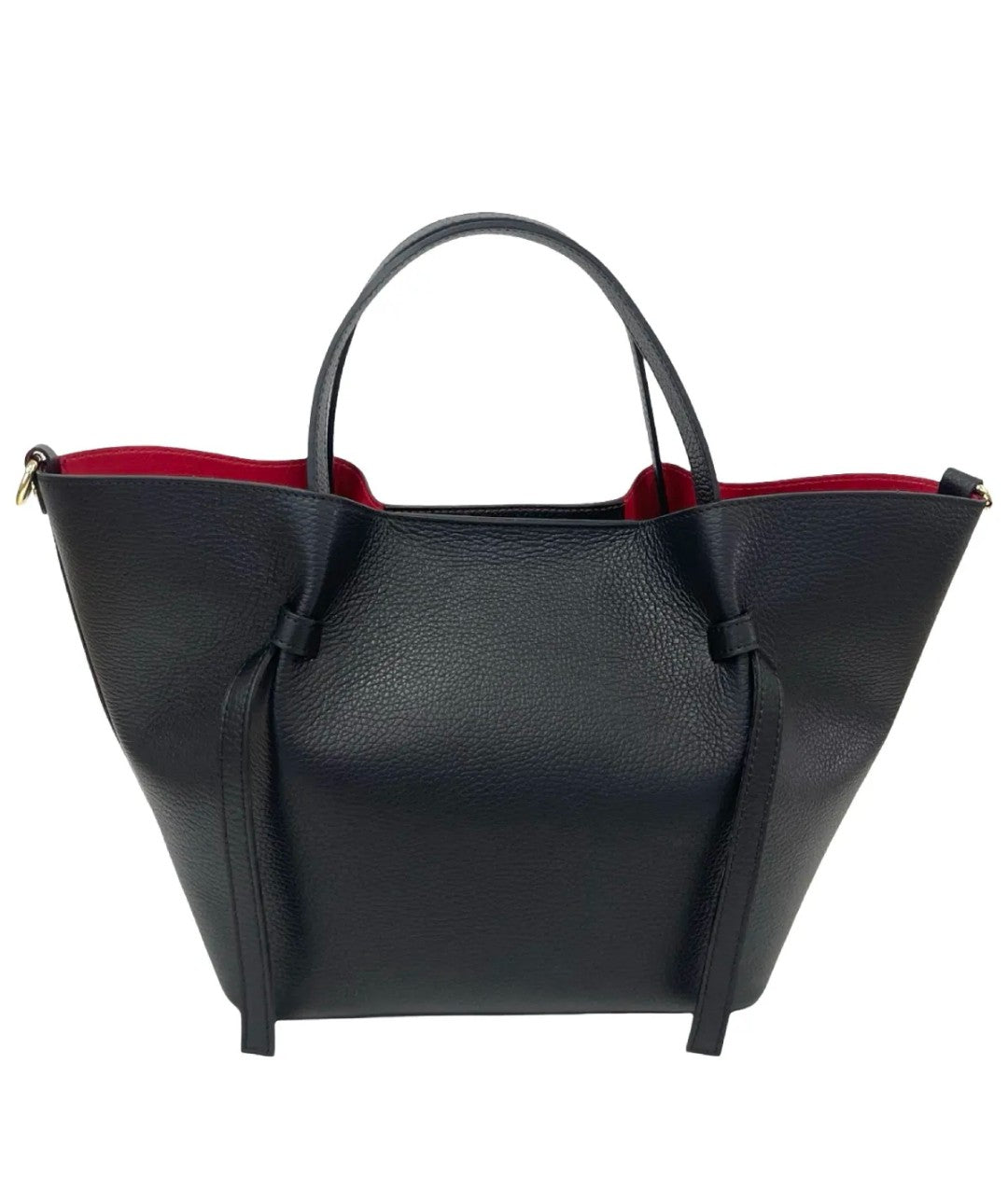 Bolso tote de piel negra con interior rojo, asas y detalles de lazo lateral, ideal para un look elegante y moderno.