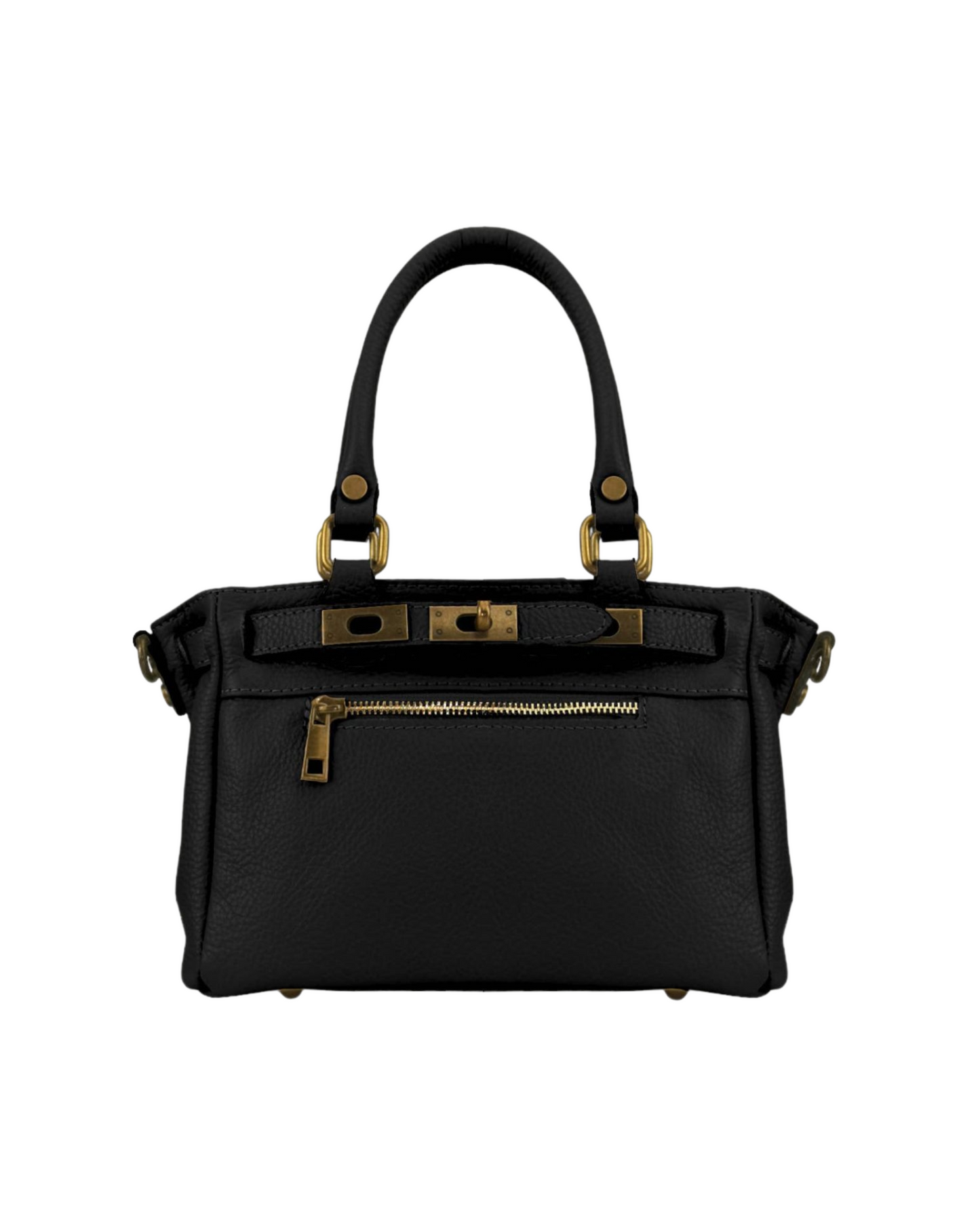 Bolso negro de piel con asas cortas y detalles dorados, bolsillo exterior con cremallera y cierre decorativo frontal. sofisticado para cualquier ocasión.