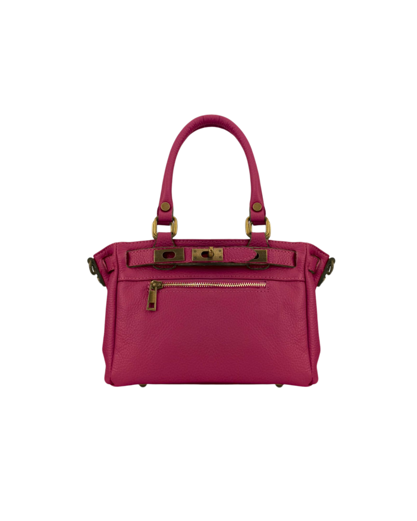 Bolso de piel rosa fucsia con doble asa, herrajes dorados y cierre tipo hebilla. Ideal como bolso de mano o bandolera ajustable.
