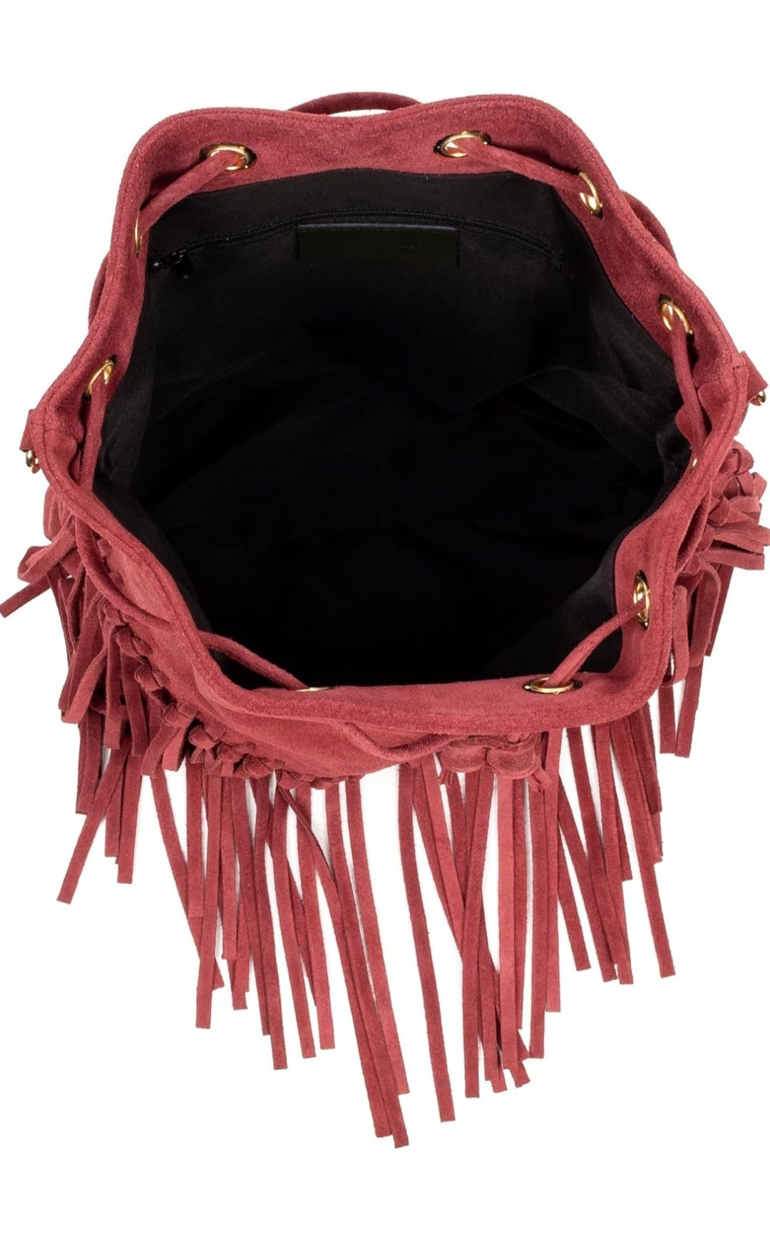 Bolso de piel tipo cubo con flecos, roja bandolera shopper para mujer. Diseño boho chic, ideal con botas o botines.