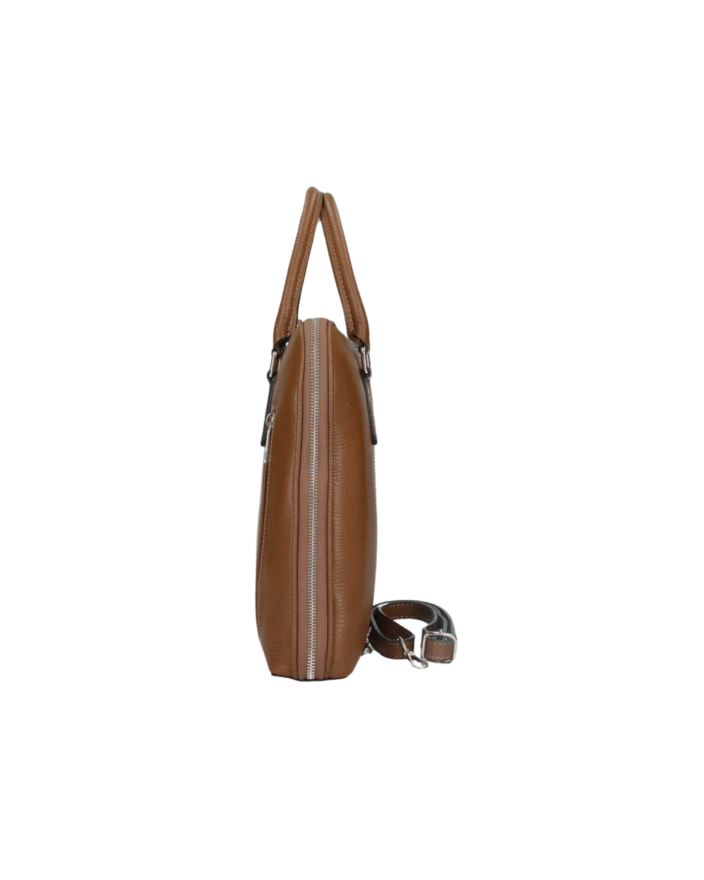 lateral maletin de piel marron. cierre cremallera. compralo en nuestra tienda online