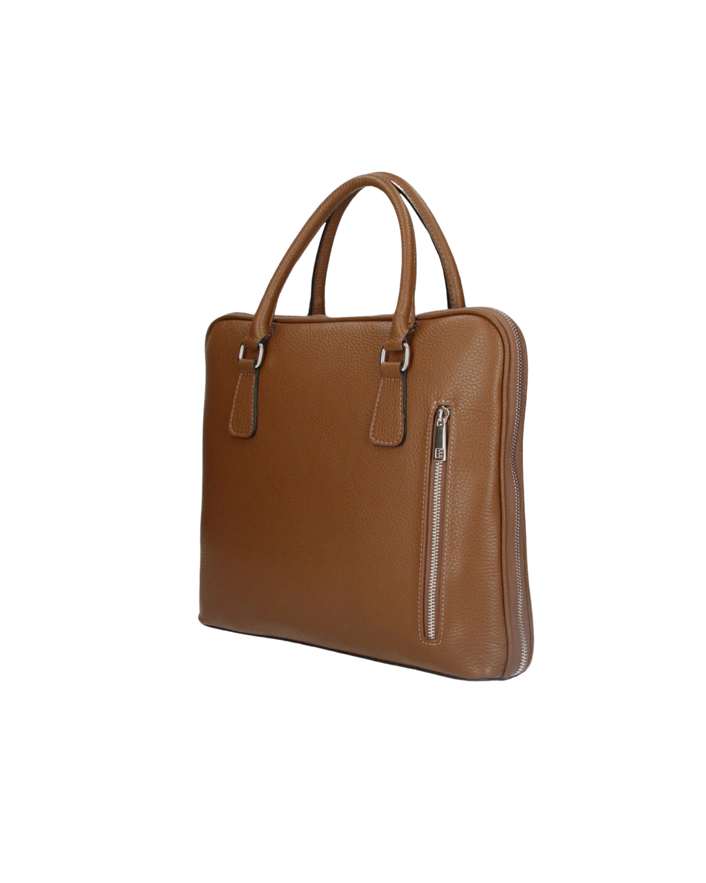 lateral maletin de piel marron, cierre en cremallera y correa extraible. unisex y funcional