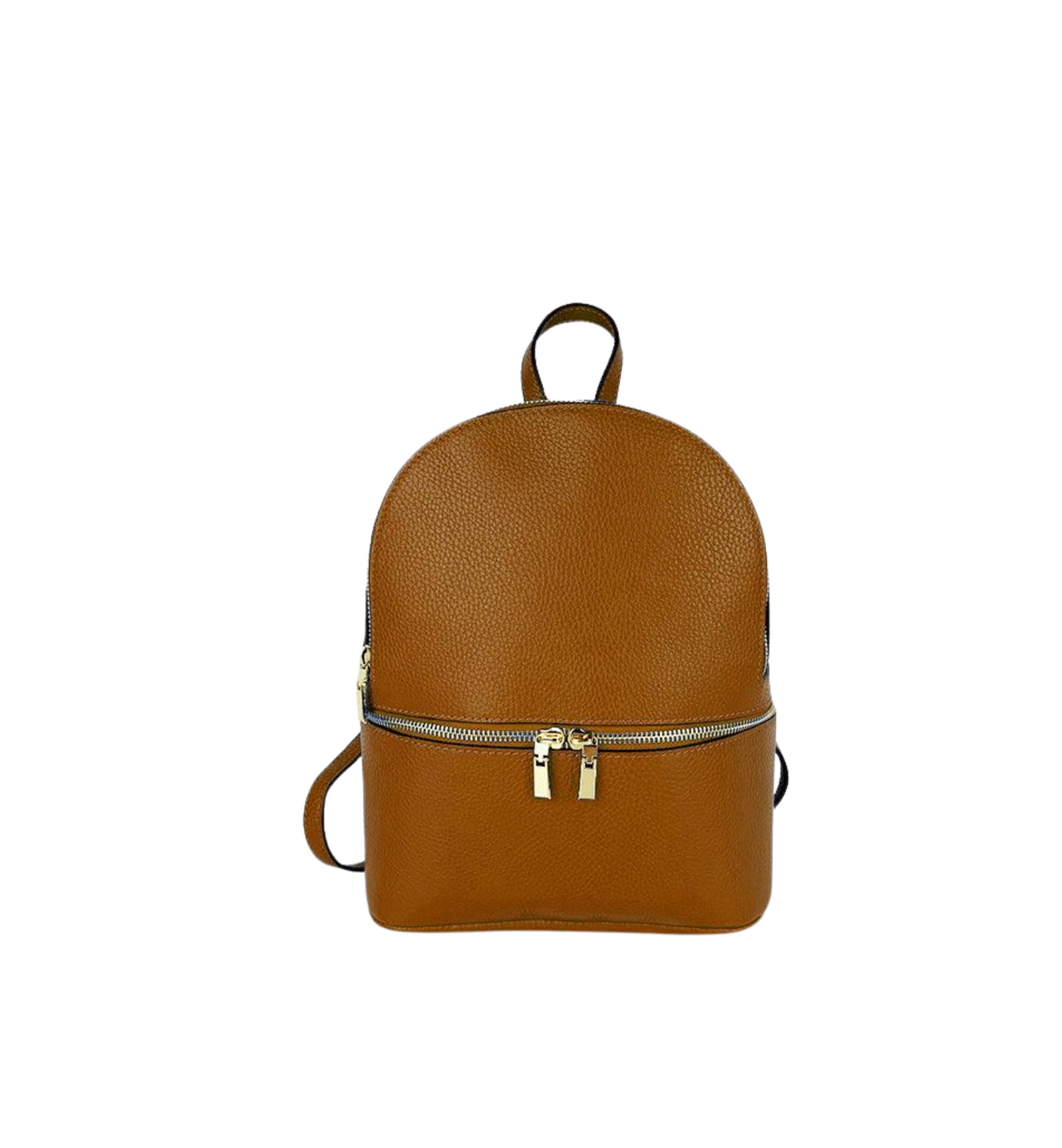 Mochila pequeña de cuero en color camel con textura granulada. Diseño minimalista con cierre de cremallera doble en tono dorado.