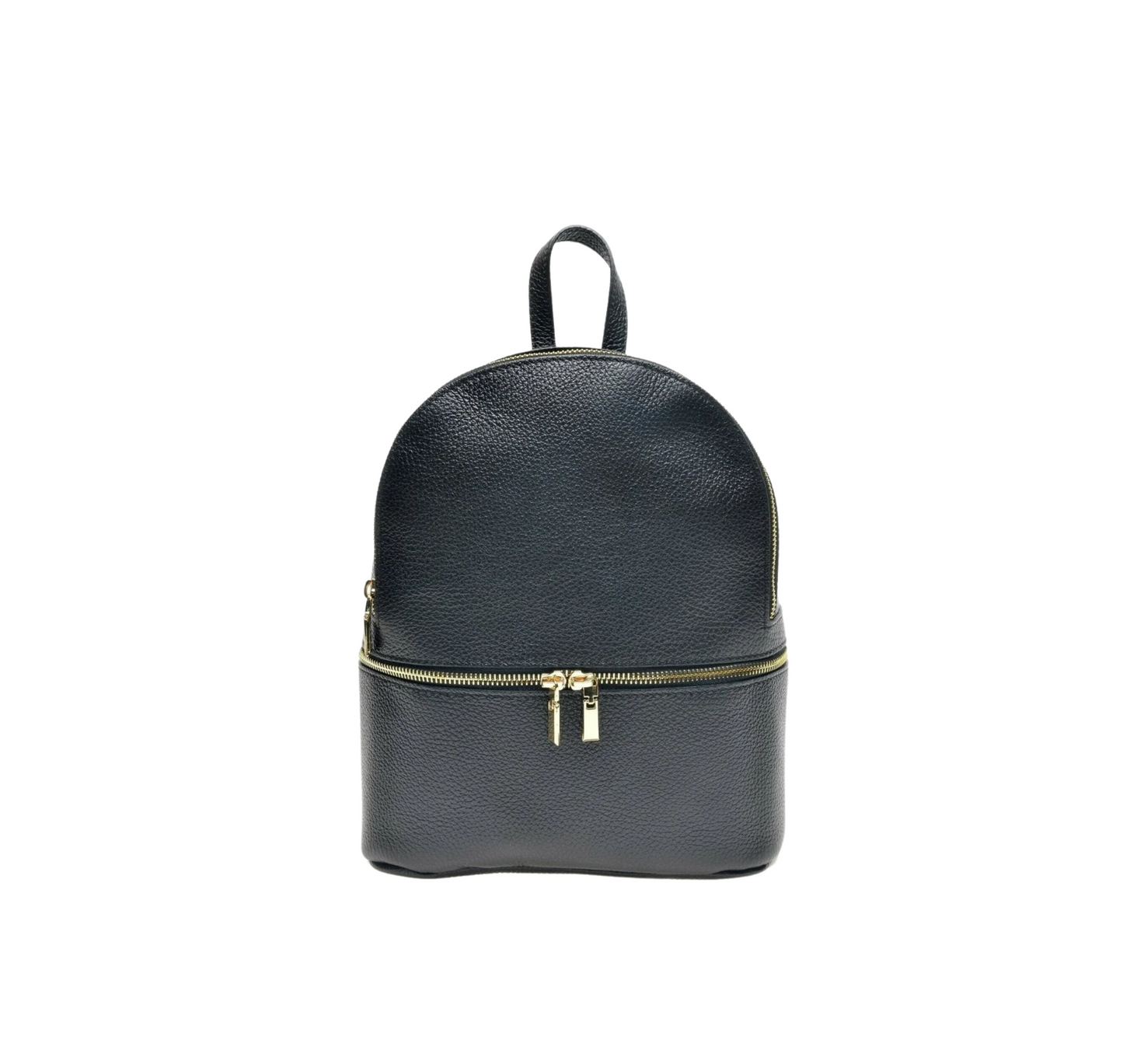 Mochila de cuero color negro, elegante y cierre de cremallera dorado. Diseño compacto y versátil, ideal para looks sofisticados y urbanos.