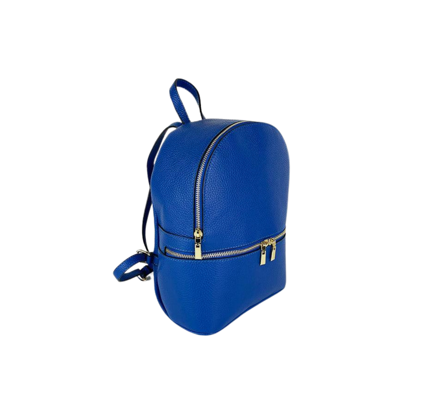 Mochila de cuero en color azul marino con textura granulada y herrajes dorados, cierre de cremallera doble. estilo urbano y sofisticado
