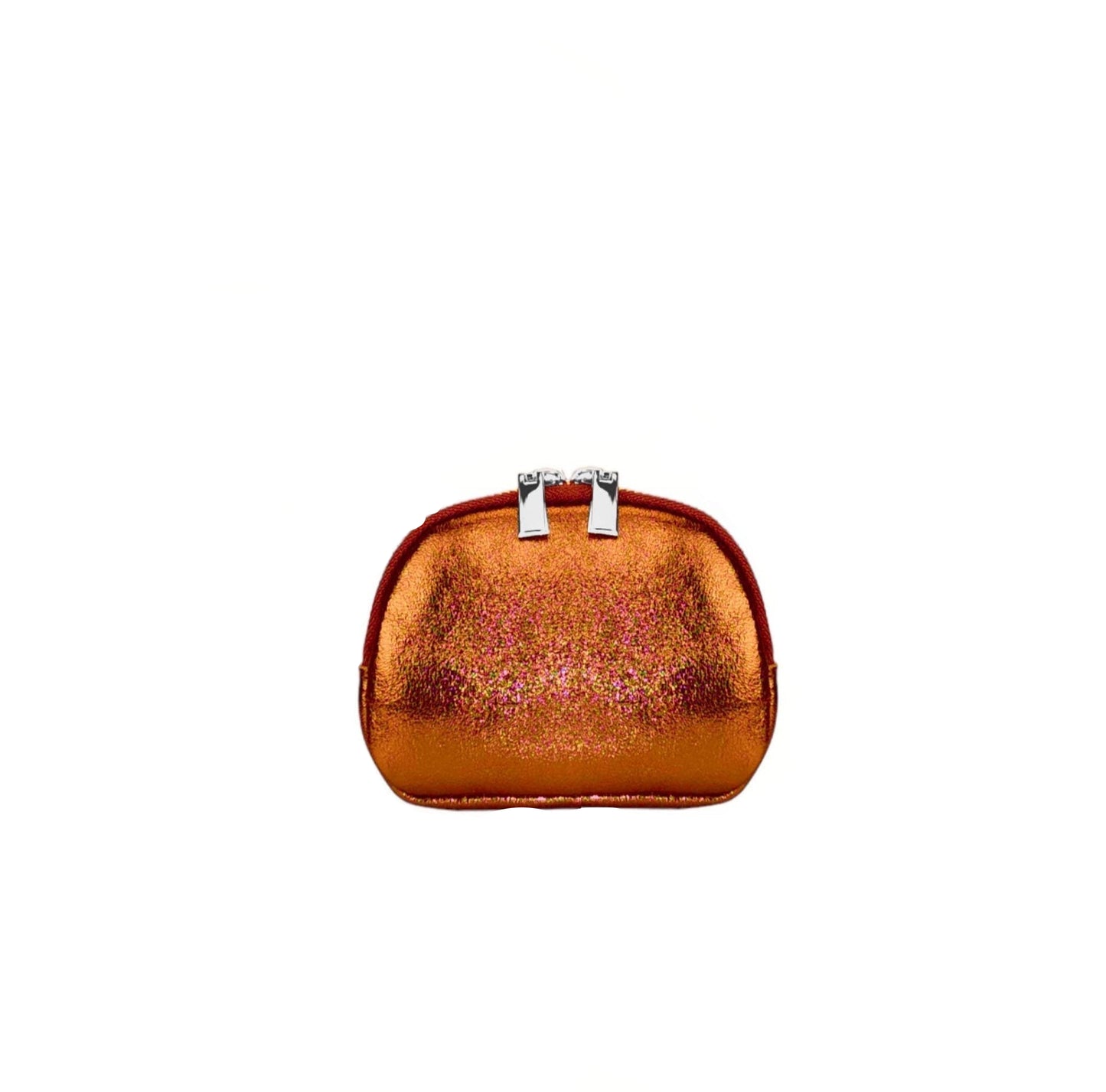 Monedero naranja vibrante con acabado brillante y glitter. cierre cremallera para mayor seguridad y estilo moderno.