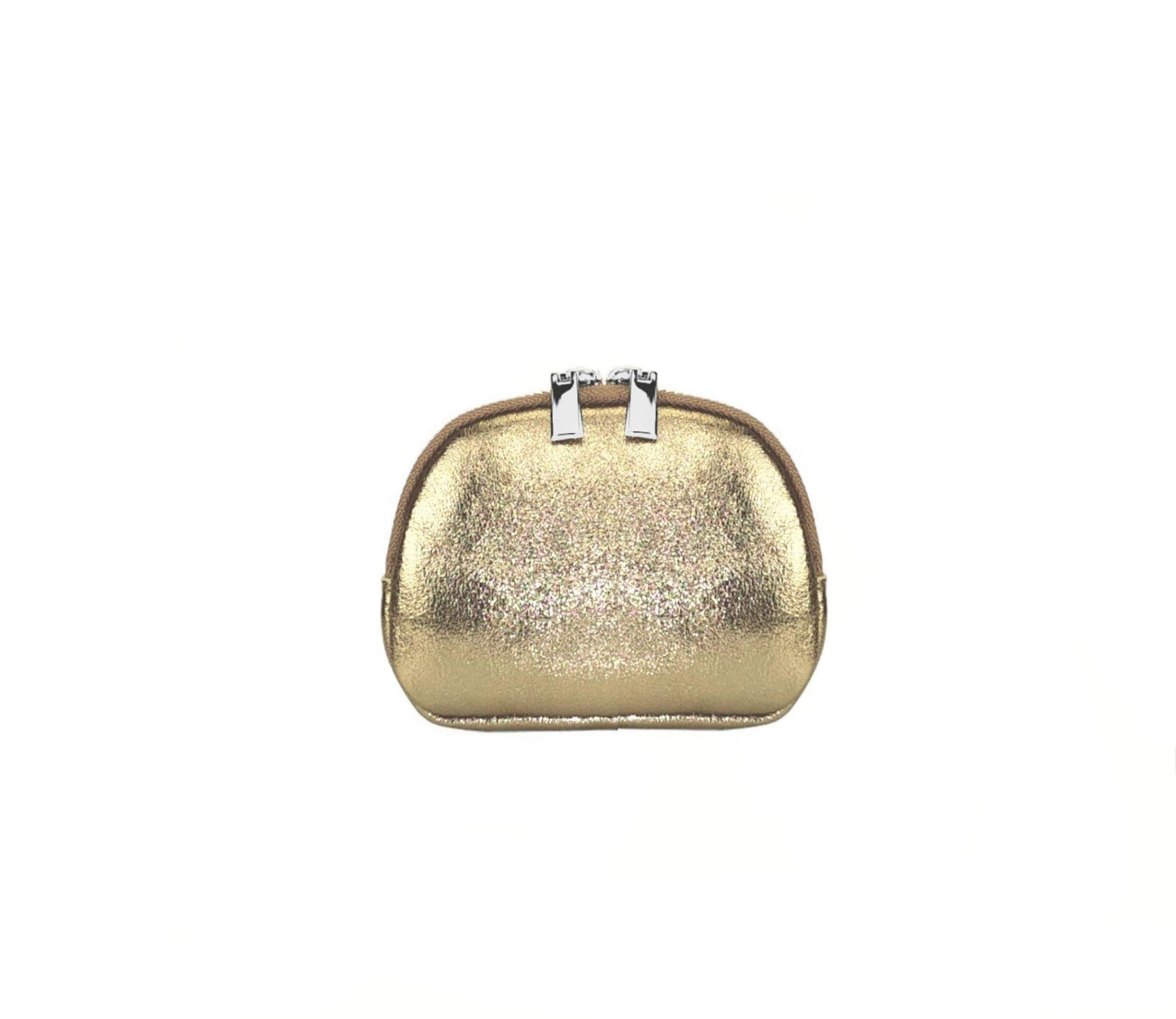 Monedero dorado con acabado brillante y cierre metálico plateado. Diseño compacto y elegante