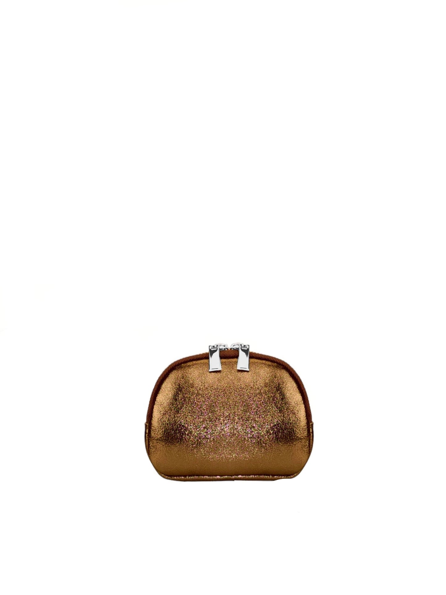 Monedero dorado metálico en bronce con glitter, compacto y elegante, cierre cremallera plateado para seguridad