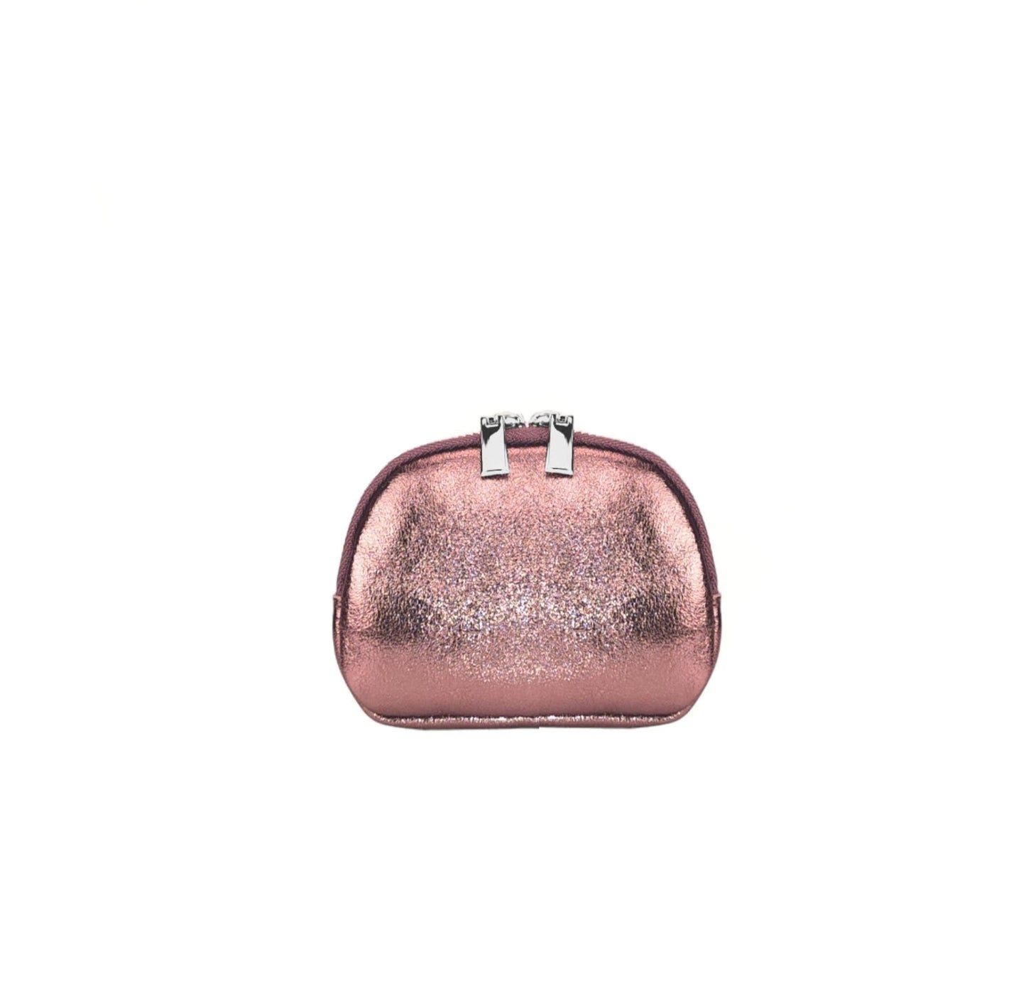 Monedero rosa metálico con acabado brillante y cierre plateado. Diseño compacto y sofisticado