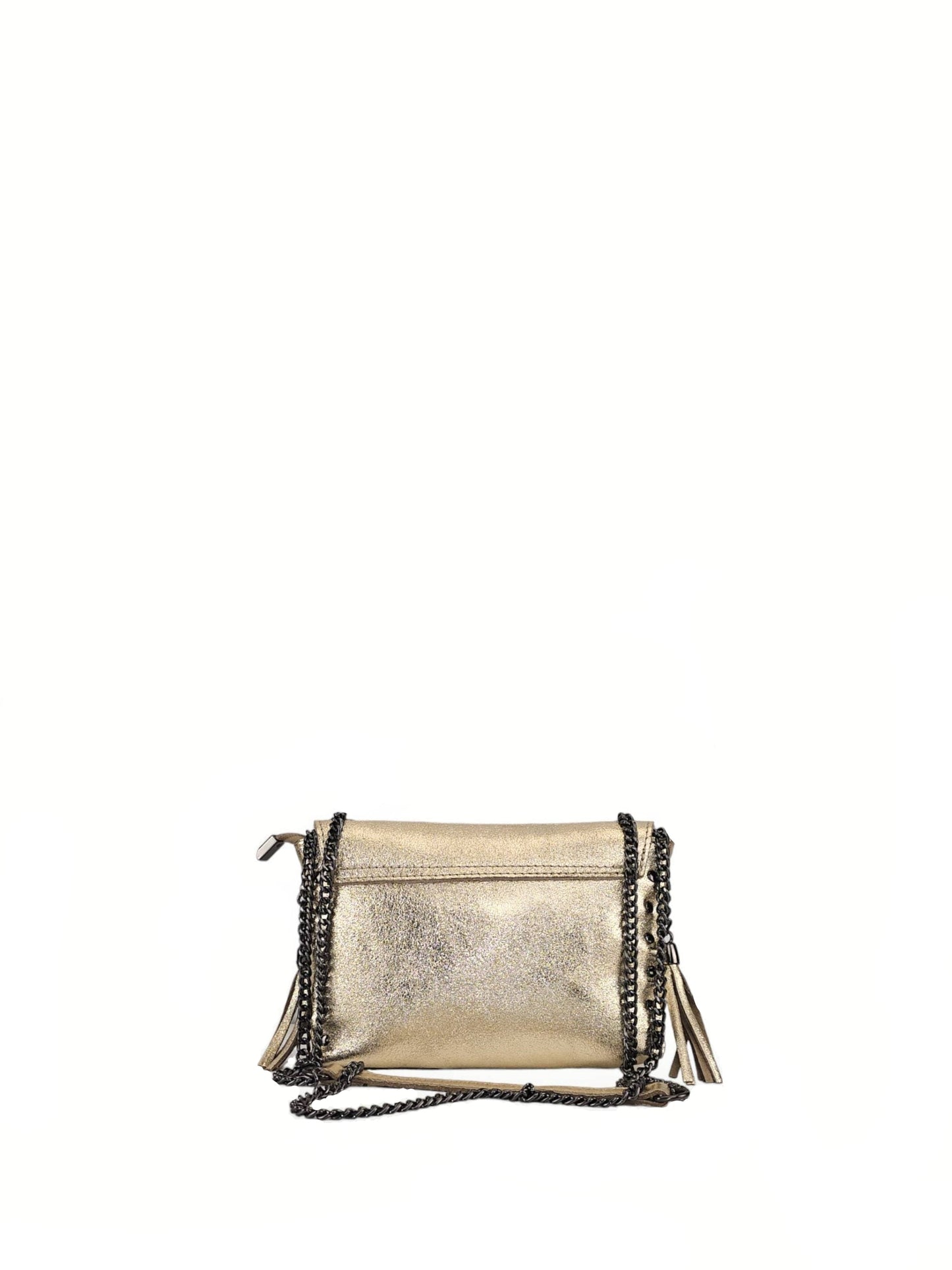 Parte trasera Bolso de piel dorado con cadena y detalles laterales. Comprar online en nuestra tienda