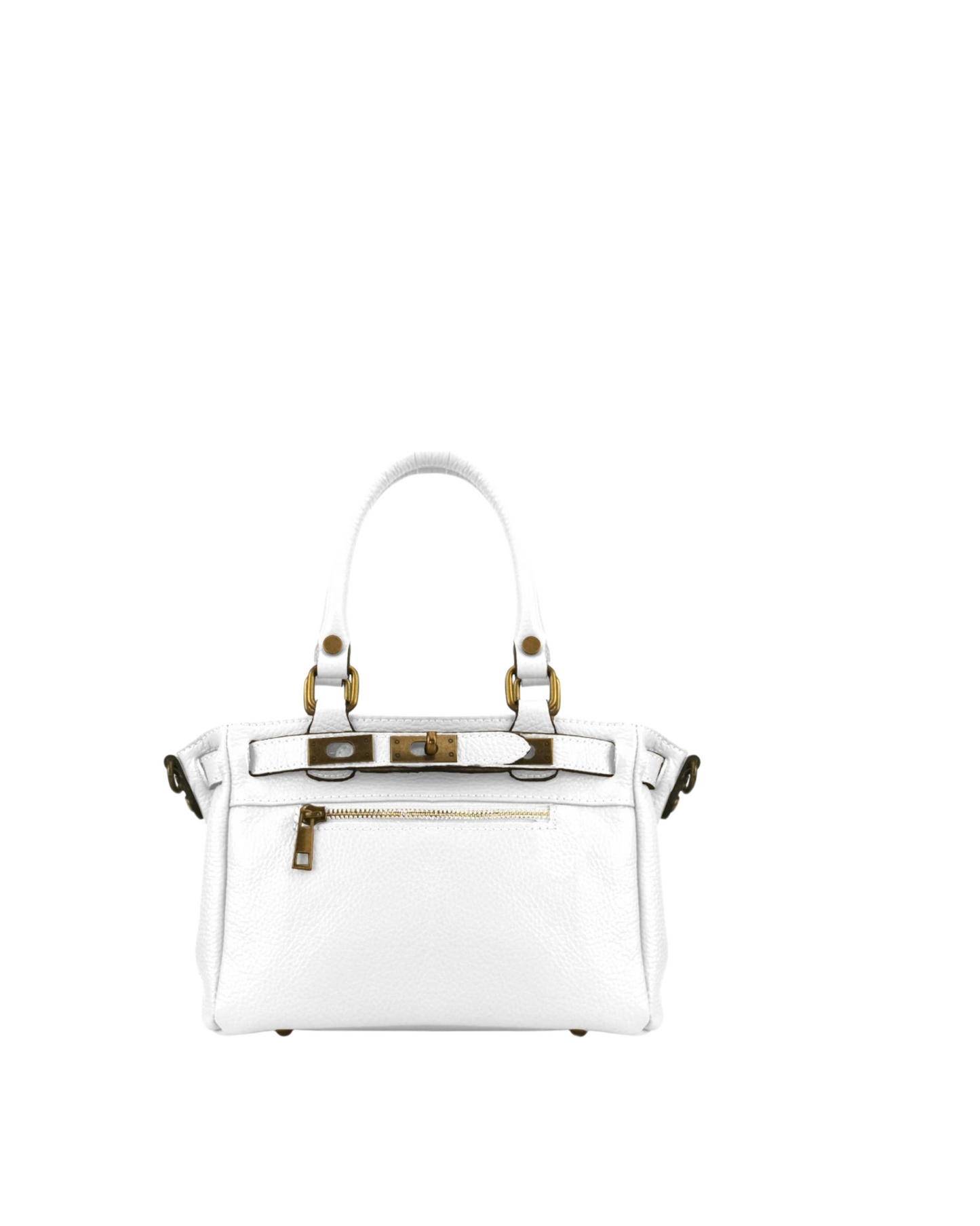 Bolso de piel blanco correa ajustable, doble asa y detalles metálicos dorados. Ideal como bolso de hombro o mano
