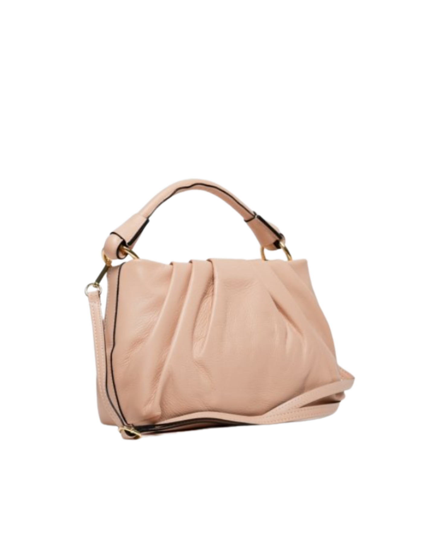 bolso de mano de piel rosa bebe. con cadena de cuero ajustable y herrajes en oro