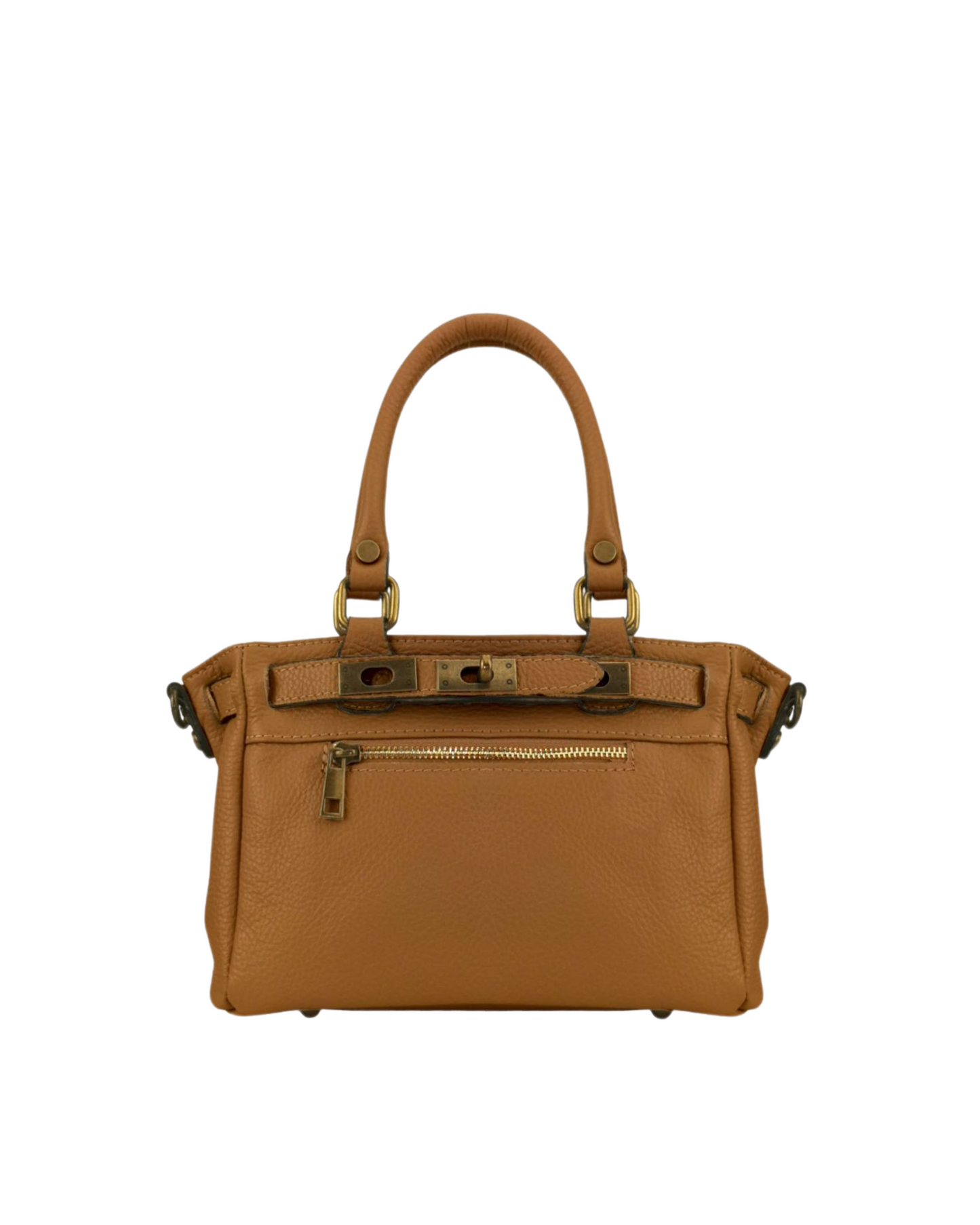 Bolso de piel camel con doble asa, herrajes dorados y cierre tipo hebilla. Versátil como bolso de mano o bandolera ajustable.