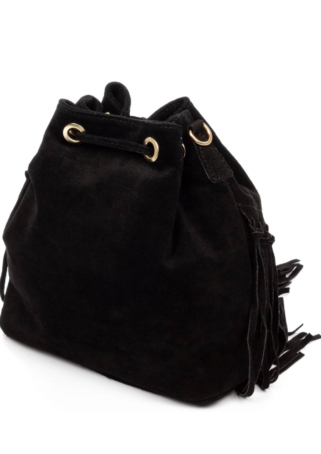 Bolso de piel tipo cubo con flecos, bandolera negra para mujer. Diseño boho chic, ideal con botas o vestidos. ¡Compra online ahora!