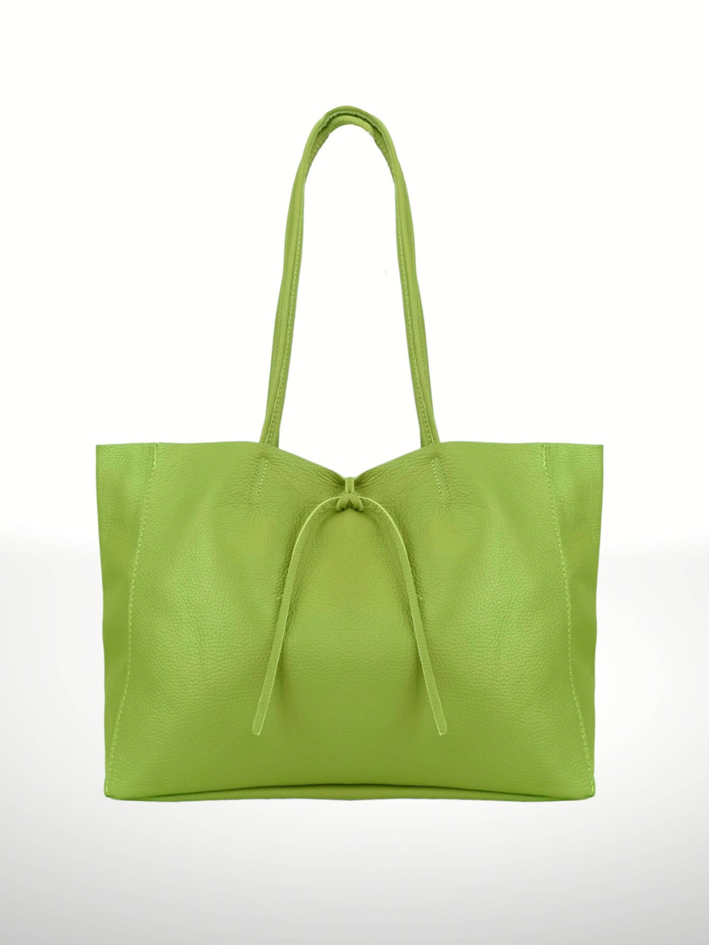 Bolso shopper de piel verde lima para mujer, diseño elegante con cierre de cordón y asas largas. 