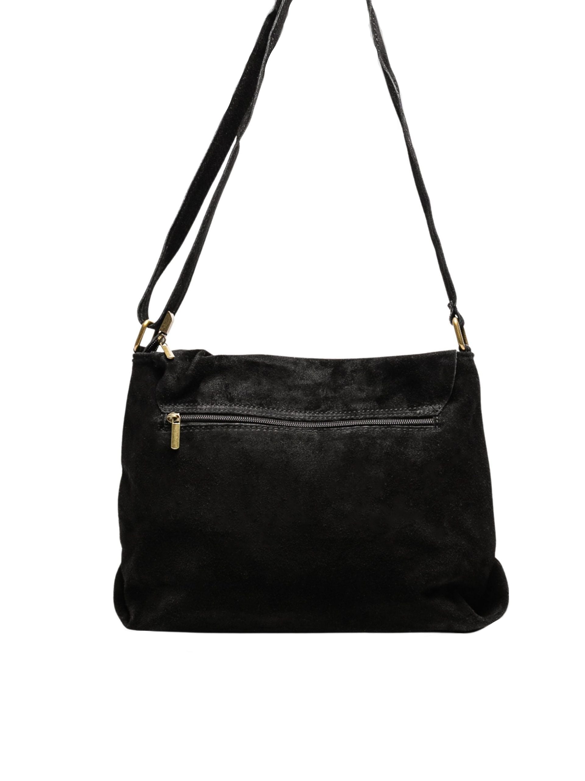 Bolso de piel ante negro para mujer, elegante con correa ajustable y cierre seguro. Cuero genuino. Compra bolsos de piel online.