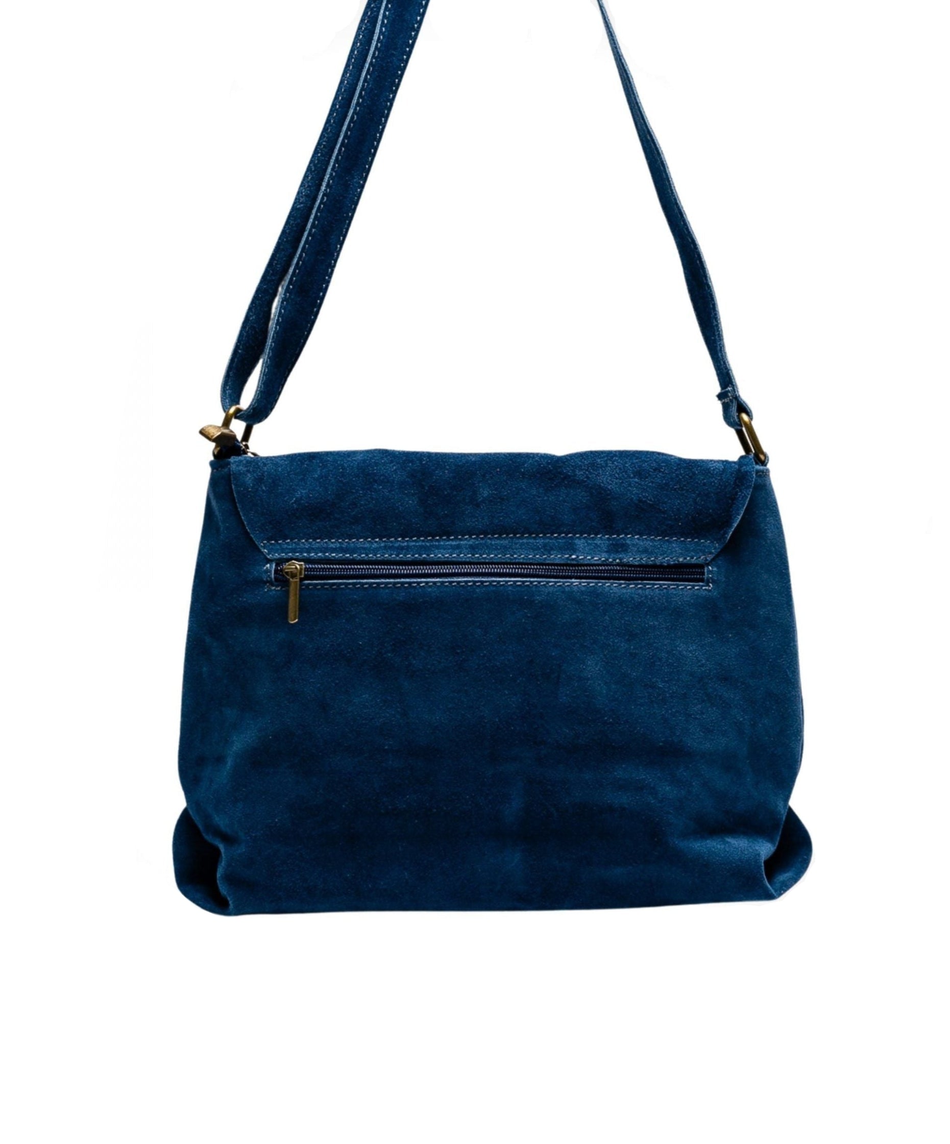 parte trasera de bolso bandolera de piel azul cuero autentico de calidad. comprar online