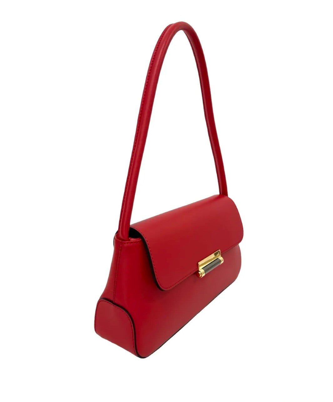 Bolso de piel rojo con asa larga y cierre dorado, diseño minimalista y sofisticado, ideal para cualquier outfit elegante.